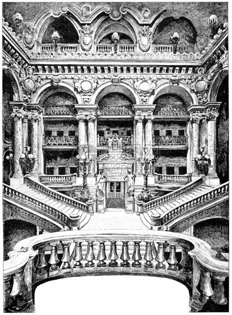 歌剧院的大楼梯古老雕刻插图巴黎奥古斯特维图大学1890年图片
