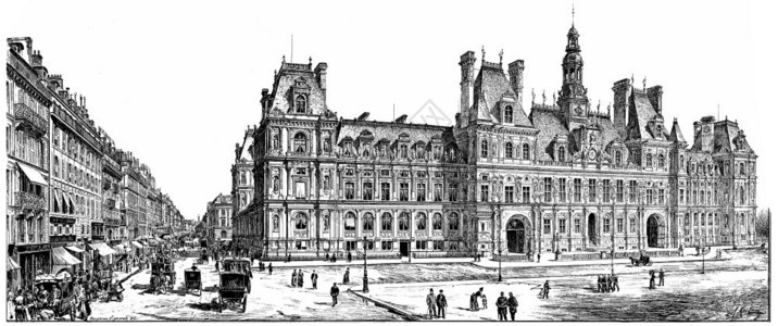 Rivoli路和市政厅刻有古典文字的插图巴黎AugusteVITU1890年里沃利高清图片素材
