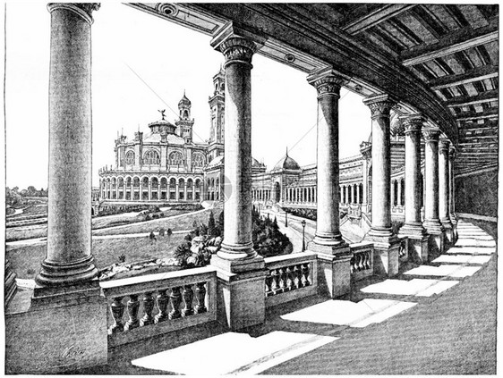 特罗卡德宫拥有巨大的画廊古老雕刻图解巴黎奥古斯特维京大学1890年图片