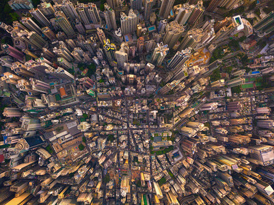 香港市心空景象亚洲智能城市的金融区和商业中心日落时摩天大楼和高顶景象图片