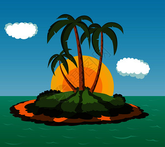 日出有棕榈树的荒漠岛插画图片