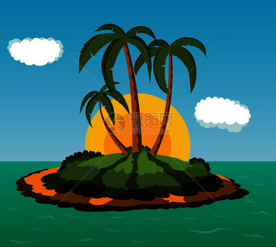 日出有棕榈树的荒漠岛插画图片