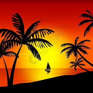 岛上的棕榈树和海平线上的帆船图片