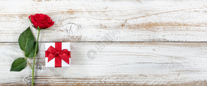 粉色礼物盒纪念年背景单红玫瑰和包装礼物盒白锈木背景