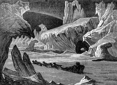 在冰北极景观刻有古老文字的插图中旅行杂志18790年图片