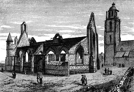Batz镇Mulberry教堂的废墟古代刻画图旅行日报180年背景图片