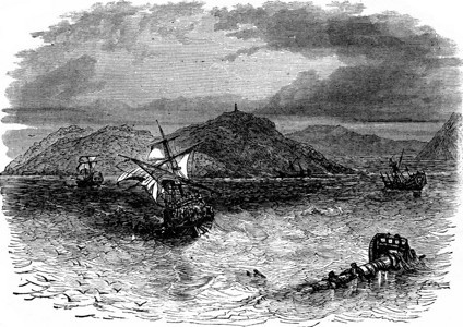 海军战役他把三艘船相撞刻有古代文字的插图旅行日报180年图片