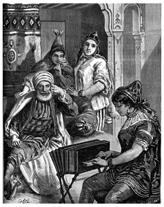 突尼斯一个犹太家庭的星期六晚上用古代文字刻画的插图旅行杂志180年第0页图片