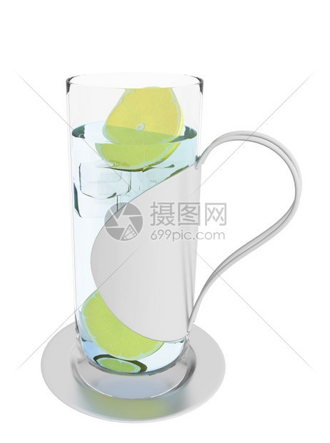 冰冷的柠檬汁或水3D插图在白色背景下隔离在现代的灰色不锈钢把手和底玻璃中图片