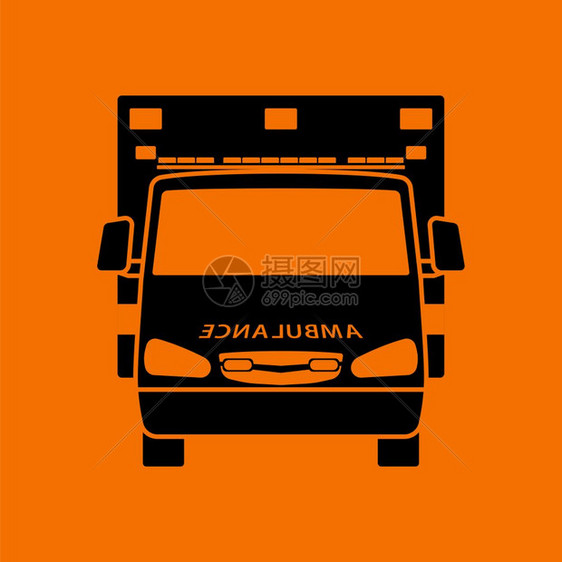救护车图标前视橙色背景上的黑矢量插图图片