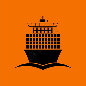 集装箱船舶图标前视橙色背景的黑矢量图解图片