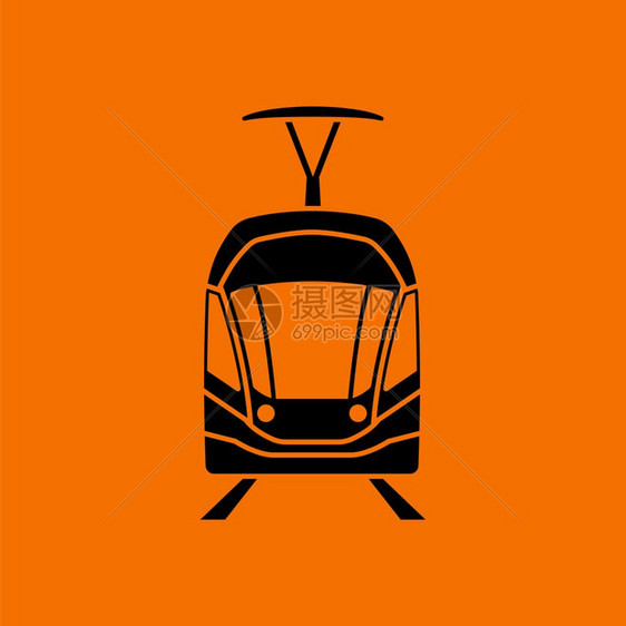 Tram图标前视橙色背景上的黑矢量插图图片