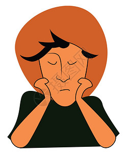 儿童大眼睛男孩戴大橙色帽子和绿衬衫眼睛闭着手放在下巴卡通矢量彩色