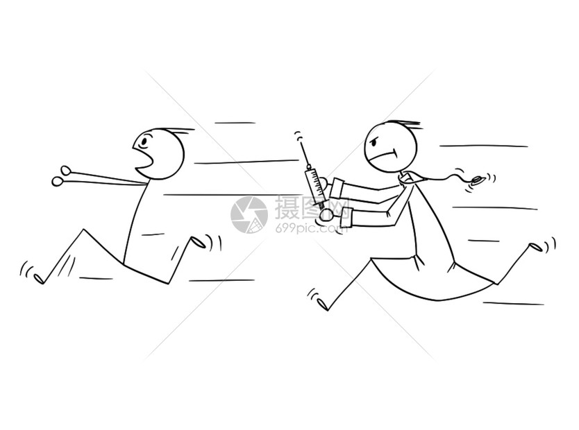 被医生用注射器追赶的火柴人矢量卡通插图插画图片下载-正版图片