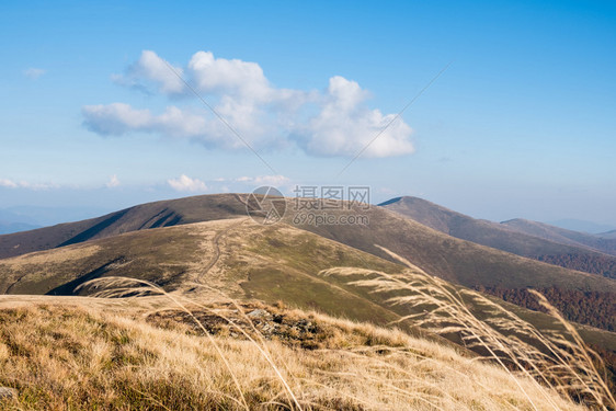 美丽的山地黄草蓝天空和云彩阳光明媚的日落下山丘景色令人惊叹自然和旅行背景图片