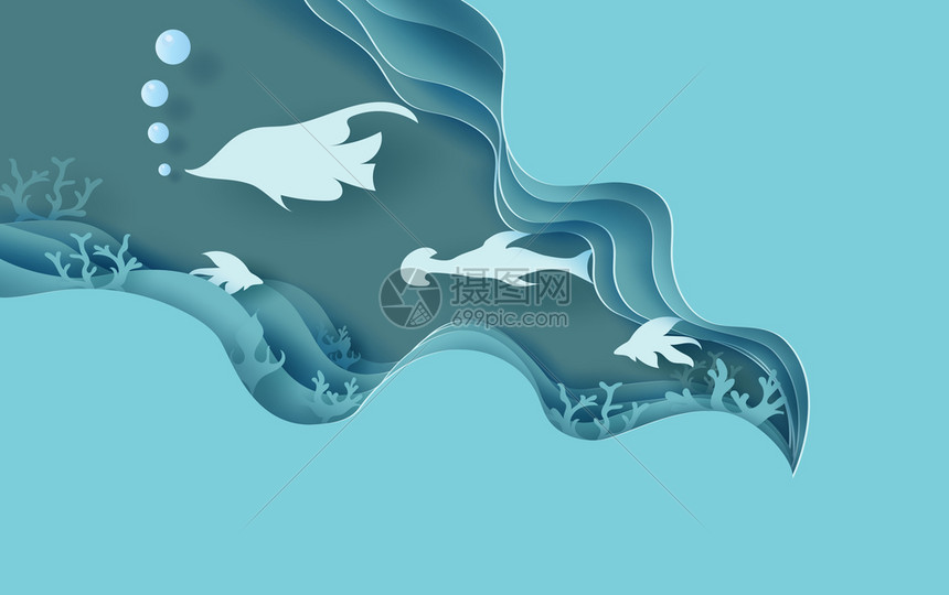 剪纸风格海洋下快乐鱼矢量插画图片