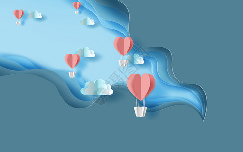 红心气球的3D纸艺术在天空中飞翔蓝色抽象纸波层剪切背景用于节日和标语模板设计的封面风格victor图片