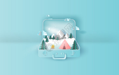 旅行假日帐篷露营冬季旅行手提箱概念说明图片