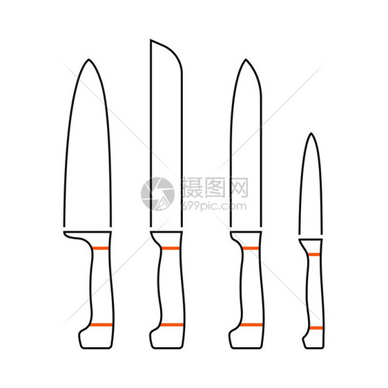 厨房刀子设置图标薄线有橙色填充设计矢量说明图片
