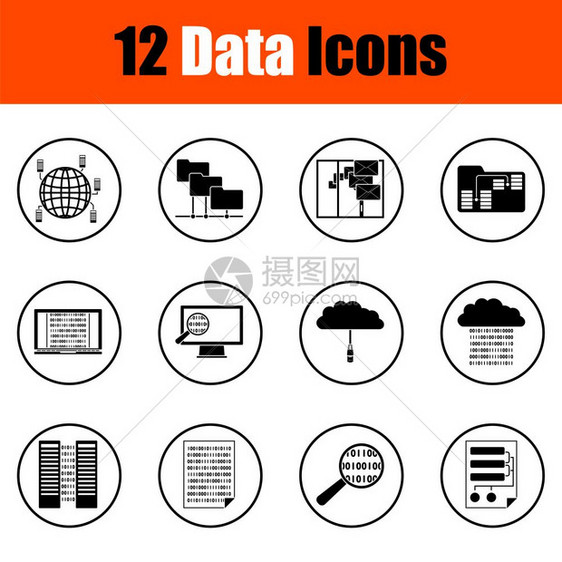 一组12个数据图标细圆形设计完全可编辑的矢量说明文本扩展图片