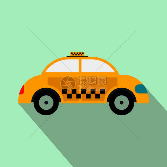 浅蓝色背景的黄出租车平面图标图片