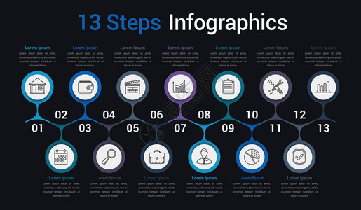包含13个spteps或选项业务信息流程工作图矢量eps10插图的Infograph模板图片