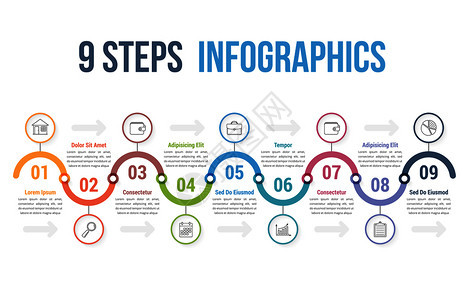 包含9个步骤或选项工作流程图矢量eps10插图的表模板图片