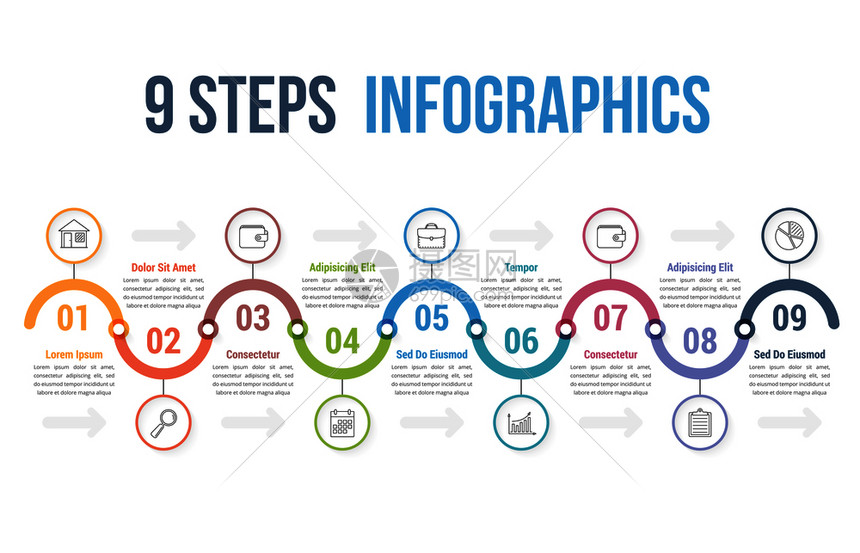 包含9个步骤或选项工作流程图矢量eps10插图的表模板图片