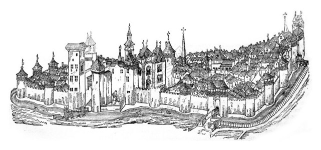 黑白城市城市和穆林斯堡以十五世纪的手稿背景