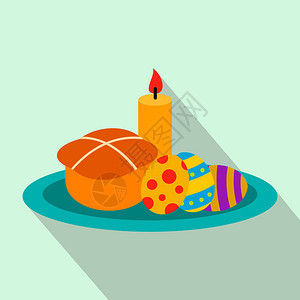 复活节蛋糕带有鸡和燃烧的蜡烛平面图标以浅蓝色背景复活节蛋糕图片