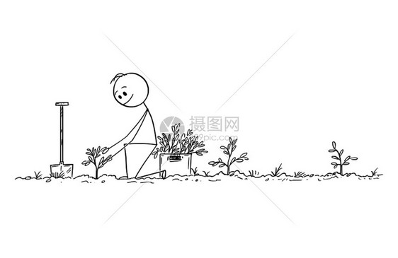 卡通棍图绘制人类种植小树作为未来森林的概念自然环境和生态概念的说明图片
