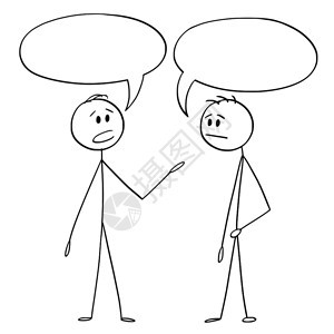 卡通棍图描绘两个男人或商用上面的空或白文字语言泡或气球说话的概念明图片