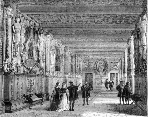 Fontainebleau城堡FrancisI画廊的内观1843年马加辛皮托罗克图片