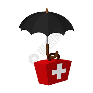 防止癌症保护伞图标下的急救包用白色背景的卡通风格插画