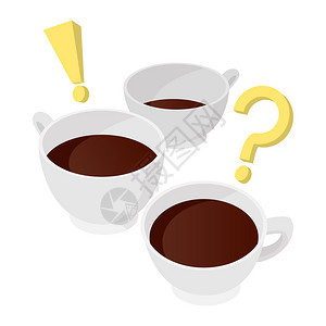 一杯咖啡在白色背景上以卡通风格制作带有问答和感叹标志的咖啡在白色背景上以卡通风格制作图片