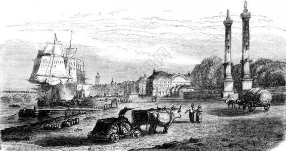 Quincences之前部分码头的景象占据了古老城堡Trumpet的场地184年MagasinPittoresque刻有古老的插图片