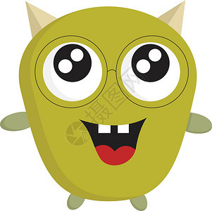 一个快乐的绿色小怪兽眼睛闪亮镜双前牙两角漫画矢量彩色或插图图片
