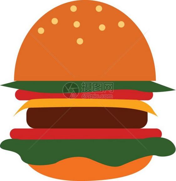 橙色汉堡含绿生菜红番茄黄奶酪棕色汉堡饼和芝麻种子放在面包病媒彩色画或插图的顶端图片