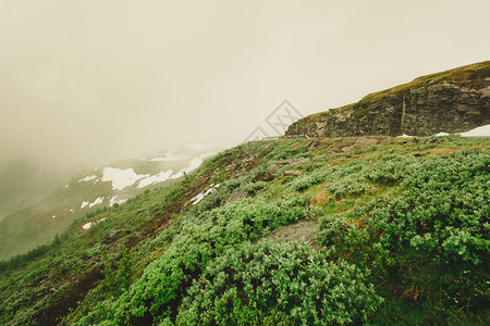 挪威夏季寒冷的雨天挪威风景优美的山脉挪威奥兰和莱达尔之间的远足地区图片