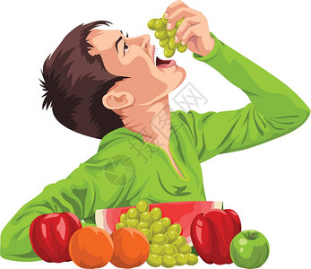 苹果白色平板电脑矢量插图一个男孩吃新鲜葡萄插画