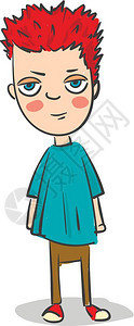 一个穿蓝衬衫的红发男孩蓝眼睛和粉红脸颊卡通矢量彩色绘画或插图图片