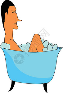 蓝浴缸里有泡卡通矢量彩色绘画或插图的男孩图片