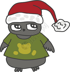 一张穿着绿色T恤和圣诞老人帽子的灰猫头鹰漫画彩色图或插插画
