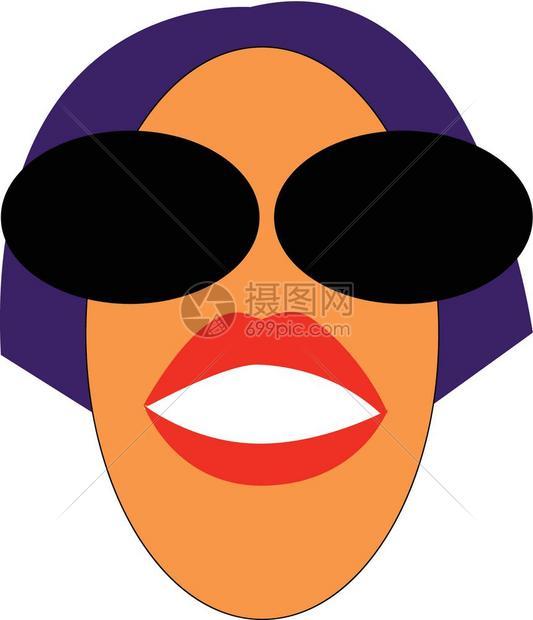 身着墨镜有紫色头发和红嘴唇笑着矢量彩色绘画或插图的妇女脸部图片