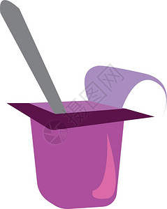 紫酸奶盒和汤匙在里面矢量颜色图画或插图片