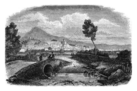 Hyeres镇的景象取自Roubaud桥1847年MagasinPittoresque的古典刻画插图图片