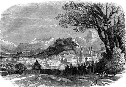 奥地利萨尔茨堡观点1853年马加辛皮托雷斯克1853年古典雕刻的插图图片