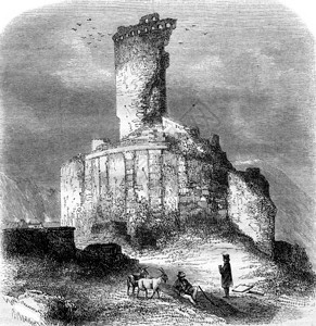 奥古斯都纪念碑的废墟Turbie的塔1853年马加辛皮托雷斯克的古老雕刻图图片