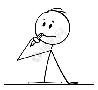 卡通棍子图描绘坐在办公桌后面的男子并试图用铅笔嘴写东西和思考坐在