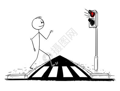 卡通棍子图描绘一个人在十字路口或行人交叉上走而无视红灯照在路上的概念图背景图片